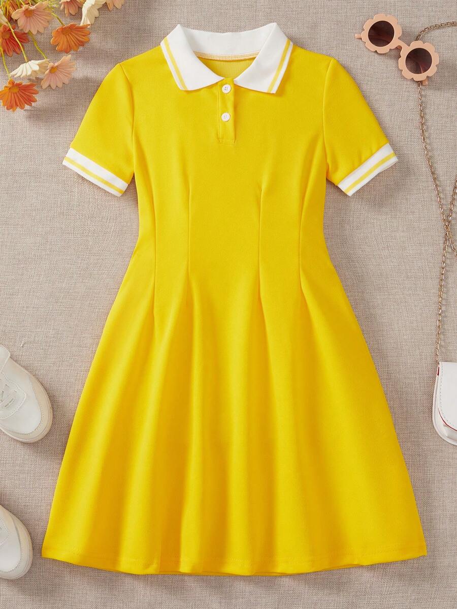 SHEIN Vestido de uniforme escolar para niña preadolescente con cuello polo y manga corta - Amarillo - Ver 1