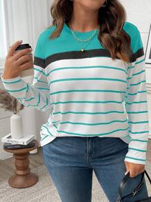 EMERY ROSE Plus Size Casual Color Block Striped Long Sleeve T-Shirt, Autumn Graphic Tees Women Tops For Spring Fall For Women - Multicolor - View 1