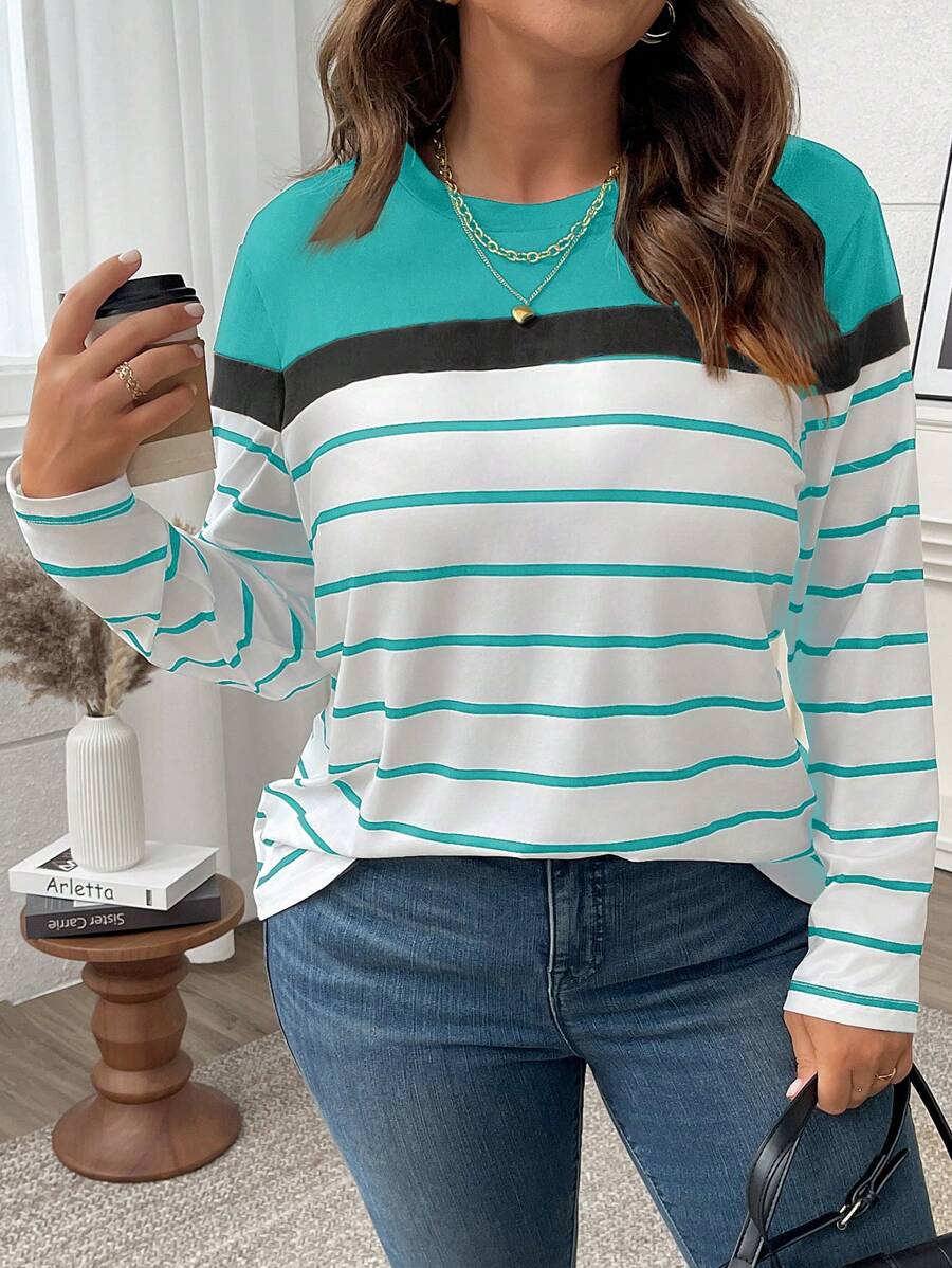 EMERY ROSE Plus Size Casual Color Block Striped Long Sleeve T-Shirt, Autumn Graphic Tees Women Tops For Spring Fall For Women - Multicolor - View 1