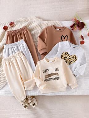 SHEIN 3pcs Baby Girl Long Sleeve Heart Print Sweatshirt And Pants Set, Knitted Round Neck Tops And Trousers, Fashionable Autumn