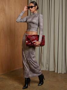 COSMINA 2 件套女士立领长袖简约上衣和裙子休闲装 - 棕色 - 查看 4