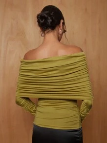 COSMINA 1 件女式秋季优雅褶皱露肩修身长袖上衣 - 卡其色 - 查看 2