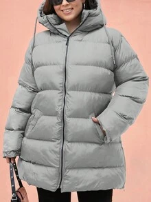 SHEIN Plus Size Zip Up Drawstring Hooded Padded Coat - Light Grey - View 7
