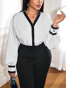 Zolique Women Casual Striped Long Sleeve Shirt, Autumn Fall Cloth For Women - White - View 5