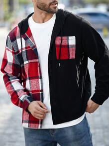 Manfinity Homme Plus Size Men Plaid Long Sleeve Hooded Corduroy Panel Shacket With Pockets, Autumn Fall