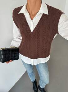 SHEIN Essnce 女士棕白色休闲落肩灯笼袖二合一衬衫长袖衬衫感恩节衬衫圣诞衬衫 - 彩色 - 查看 4