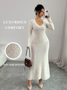 Chiquease Vestido de cuello alto con forro grueso, vestido elegante de encaje con parches, otoño - Albaricoque - Ver 1