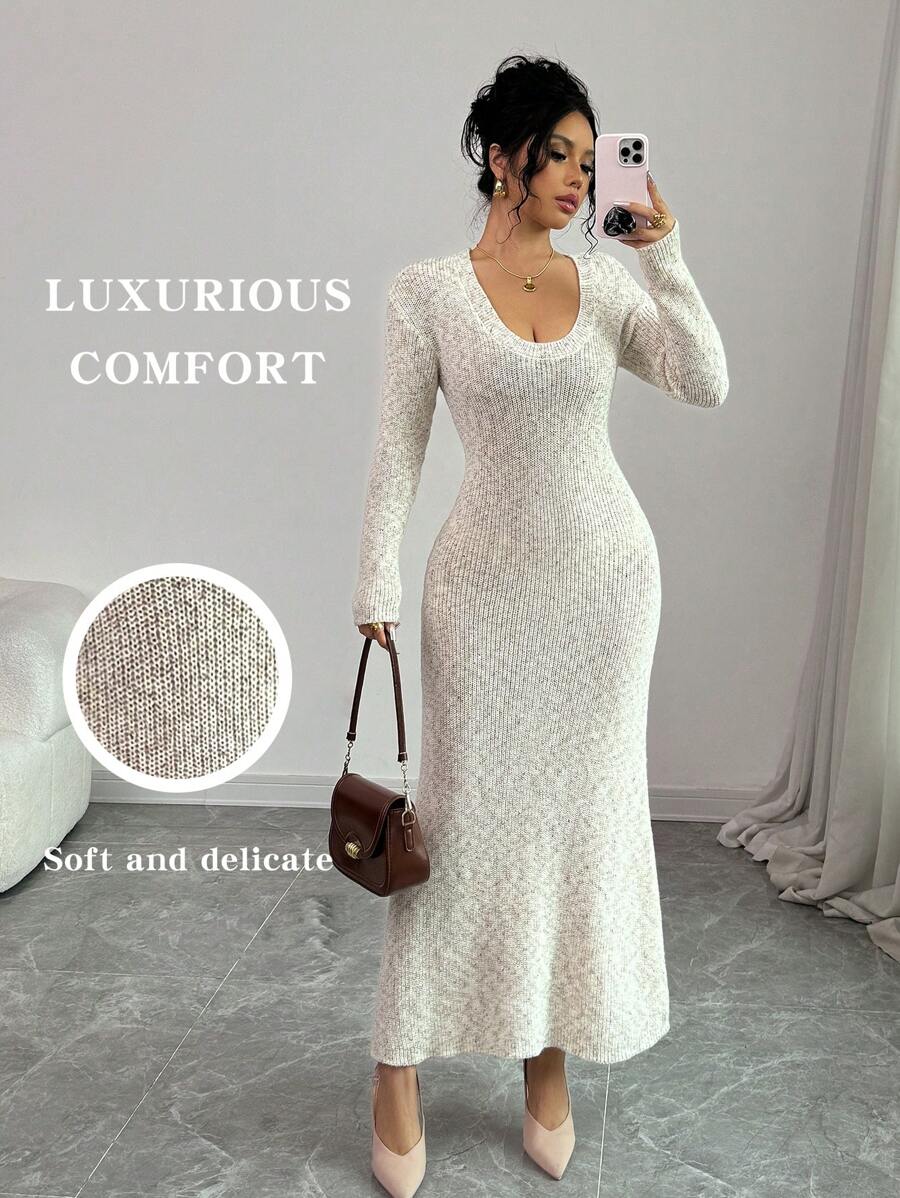 Chiquease Vestido de cuello alto con forro grueso, vestido elegante de encaje con parches, otoño - Albaricoque - Ver 1