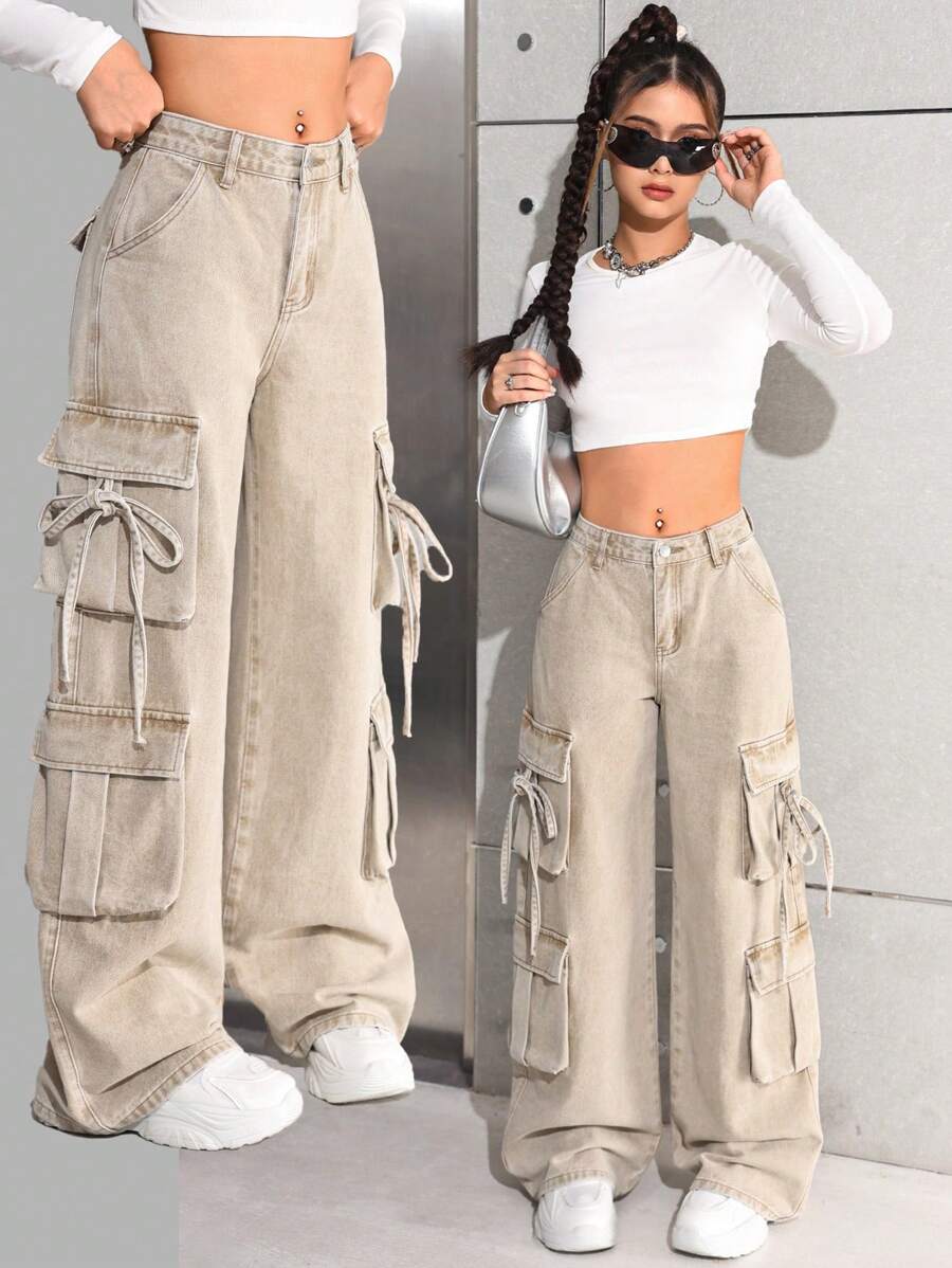 SHEIN 少女 Y2K 时尚卡其色高腰宽松阔腿工装牛仔裤，配有实用口袋，百搭风格，少女冬季街头装