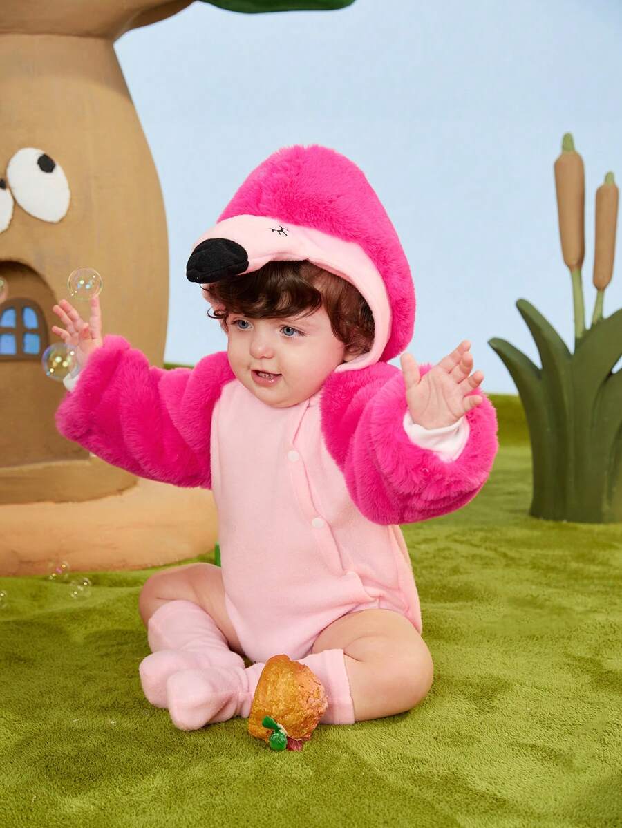 SHEIN 新生婴儿撞色拼布蓬松长袖连帽服装 - 粉色 - 查看 1