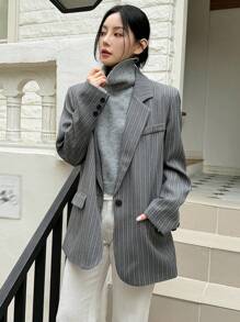 DAZY Women Front Button Lapel Collar Long Sleeve Faux Pocket Minimalist Casual Loose Striped Blazer,Fall Clothes Business Attire - Grey - View 6