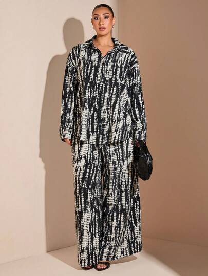SHEIN BAE Plus Size Black And White Tie Dye Print Plus Size Casual Elegant Women's Shirt Tops,Christmas, Thanksgiving, Valentine's Day, Minimalism, Water Ripples,Loose Shirt, Comfortable
