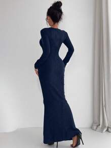 Chiquease 优雅纯色美人鱼修身长裙，秋冬长款女装 - 藏蓝色 - 查看 2