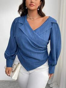 SHEIN Privé Plus Size Comfortable Casual Elegant Commute Daily Versatile Denim Effect Asymmetrical Collar Lantern Sleeve Pleated Asymmetric Hem Women Long Sleeve Blouse, Autumn/Winter