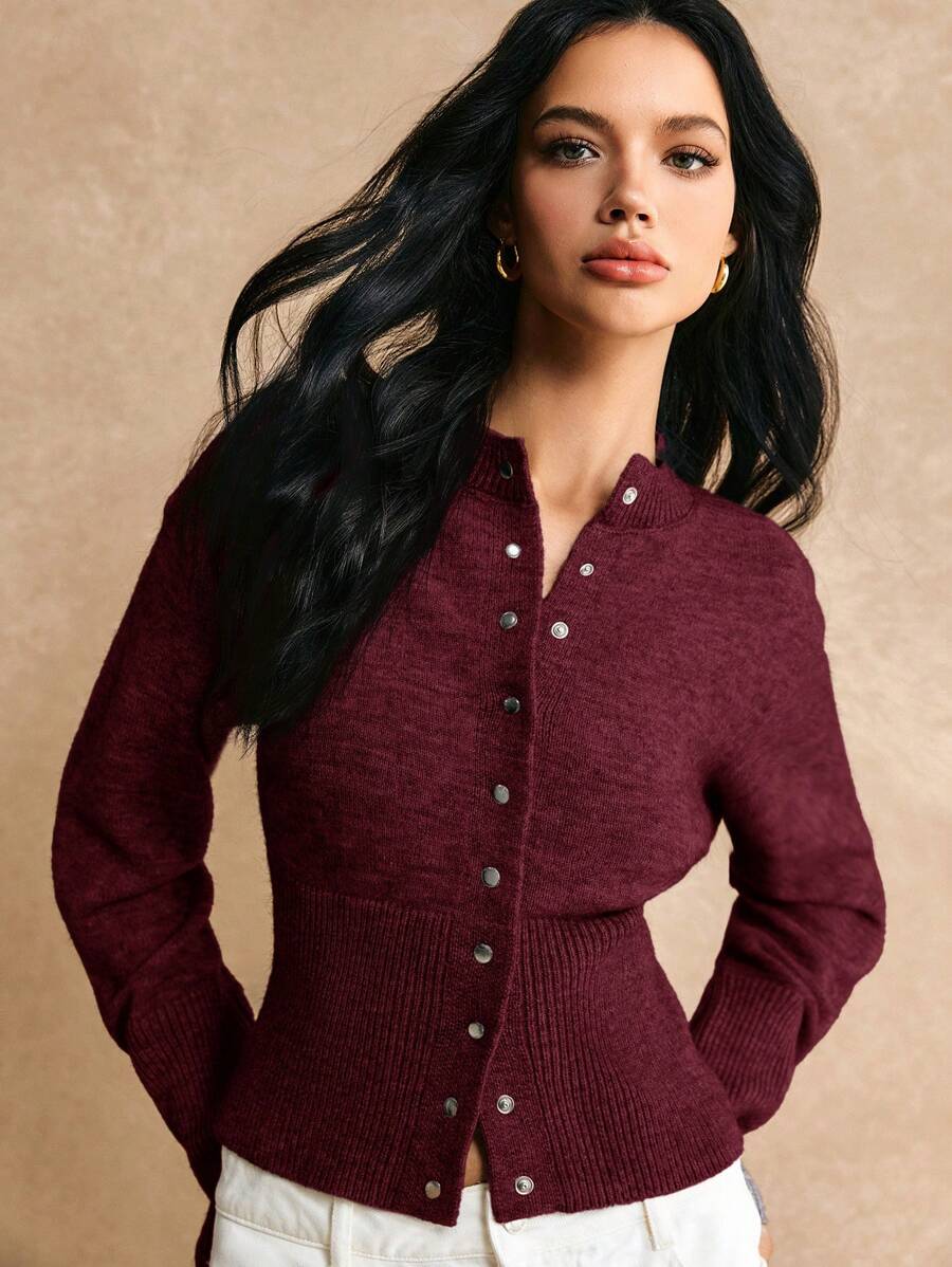 Poéselle 短款修身前扣纯色长袖简约休闲针织开衫、毛衣、短款女式毛衣、女式毛衣、针织毛衣、冬季女装、秋季女装、FW24