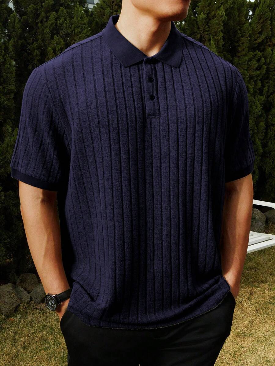 Manfinity Homme Áo thun polo tay ngắn màu trơn cỡ lớn cho nam đi làm thường ngày - Màu xanh hải quân - Xem 1