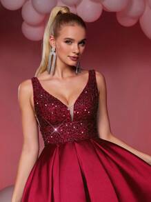 Lovelzi 优雅奢华的蓝宝石酒红色 V 领亮片拼接缎面 A 字裙，适合婚礼、派对、毕业典礼、舞会、半正式礼服、婚礼宾客返校节、派对礼服 - 酒紅色 - 查看 5