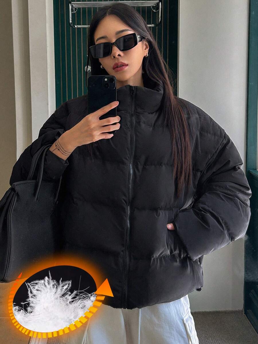 DAZY Women's Casual Solid Color Regular Stand Collar Loose Warm Down Jacket, Winter Style, Winter Women Clothes, Padded Coat Women