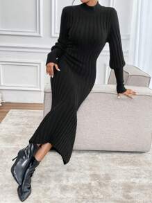 SHEIN Clasi Váy len dáng suông màu trơn cổ đứng ôm eo viền loe cho nữ, mùa thu/đông - màu đen - Xem 6