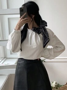 DAZY Ribbon Patchwork Loose Women Long Sleeve Blouse,Fall Clothes - White - View 6