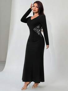 Modelyn Women's Autumn Rhinestone Decor Waist Fitted Fish Tail Hem Dress Long Evening Dresses - Black - View 5