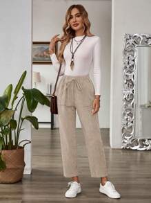 EMERY ROSE Quần dài nhung kẻ ống đứng tự buộc eo thường ngày cho nữ, mùa thu - Màu be - Xem 3