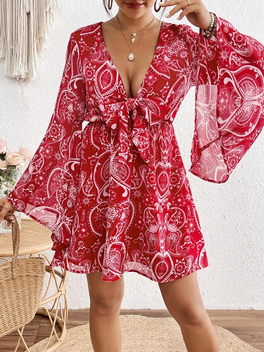 SHEIN VCAY Holiday Woven Printed V-Neck Front-Tie Jumpsuit Dress With Bell Sleeves For Women, Casual Women Dresses - Red and White - View 1