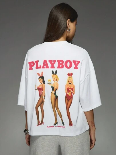 MISSGUIDED×PLAYBOY Missguided x Playboy Retro Vintage Print Oversized T Shirt With