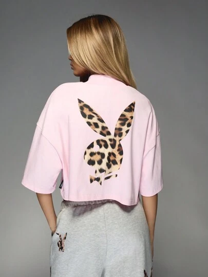 Missguided x Playboy Bunny Leopard Print Crop T Shirt Oversize Half Sleeve Summer Festival Casual Street Style Fashion Top