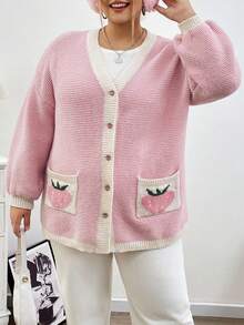 SHEIN CURVE+ Áo len cardigan hở cổ họa tiết dâu tây màu hồng Giáng sinh cỡ lớn, mùa thu/đông - Màu Hồng baby - Xem 5