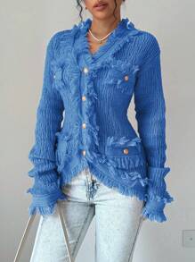 Elenzga Áo khoác cardigan đơn hàng ngày cho nữ tay dài cài khuy đơn tua rua vai trễ một bên màu trơn, thu/đông - Màu xanh lam - Xem 6