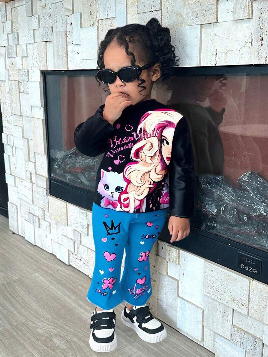 SHEIN Explorewe Baby Girls Cartoon Cat Character Digital Print Turtleneck Long Sleeve Top & Flared Pants Set, Warm And Comfortable New Fashion Essentials For Autumn/Winter