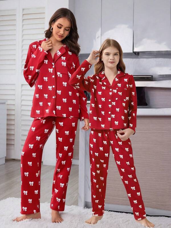 SHEIN Tween Girl Bow Print Long Sleeve Top And Pants Casual Pajamas Set, Mommy And Me Matching Pajama Outfits (3 Sets Sold Separately) For Christmas