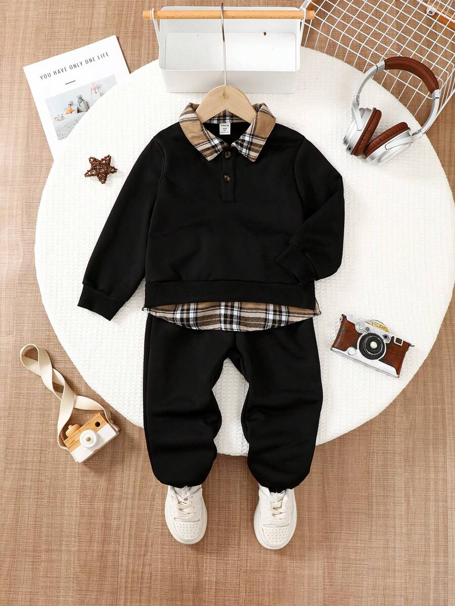 SHEIN 2pcs/Set Young Boy's Casual Preppy Style Outfit, Featuring Unique Black Plaid Splice Top Paired With Black Pants.