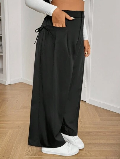 SHEIN EZwear 加大码防皱宽松裤，侧边系带蝴蝶结