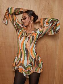 COSMINA Women Casual Color Block Ruffle Flare Sleeve Jumpsuit, Autumn - Multicolor - View 5