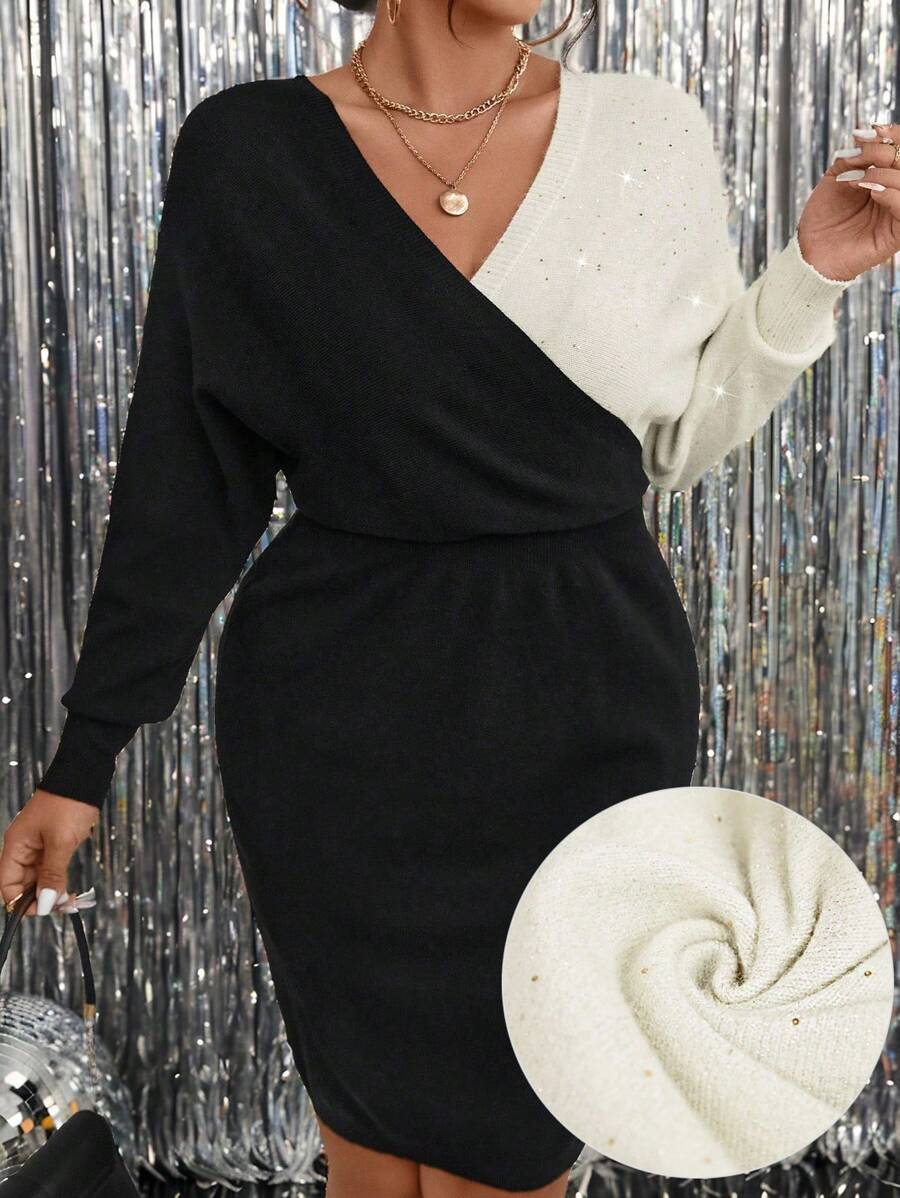 SHEIN Clasi Plus Size Women's Black & Gold Sequin Criss-Cross Wrap Waist Party Holiday Mini Sweater Dress, For Winter - Multicolor - View 1