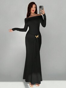 Aloruh فستان طويل أنيق للنساء مزين بفيونكة معدنية...