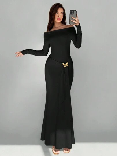 Aloruh 女士优雅露肩金属蝴蝶结装饰长裙