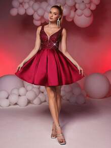 Lovelzi 优雅奢华的蓝宝石酒红色 V 领亮片拼接缎面 A 字裙，适合婚礼、派对、毕业典礼、舞会、半正式礼服、婚礼宾客返校节、派对礼服 - 酒紅色 - 查看 6