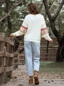 LanaWest Women Long Sleeve Round Neck Geometric Embroidery Sweater, Autumn/Winter, Knit Pullover Fall - Apricot - View 5
