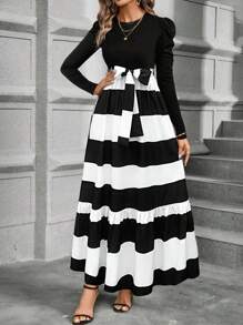 Calvaya Women Autumn/Winter Stripe Patchwork Waist Fit A-Line Long Dress Maxi Women Outfit Fall Cloth For Women