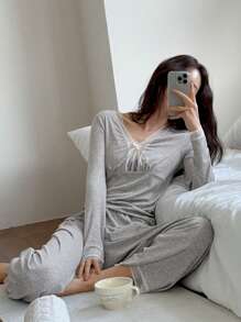 DAZY 1 Set de Ropa de Dormir de Punto Suave con Borde de Encaje