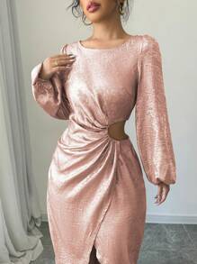 Elenzga Vestido largo casual y sencillo para mujeres con cuello redondo, manga larga, bajo dividido y calado