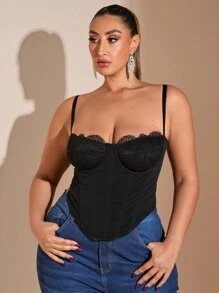 SHEIN BAE Top corset en dentelle de type chevron sexy pour femmes grandes tailles. Convient pour les rendez-vous, Noël, Thanksgiving, la Saint-Valentin, le quotidien, les sorties, les déplacements, sexy, Top noir grande taille, courbe, débardeur, soirée