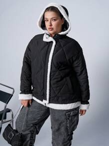 SHEIN EZwear Sudadera con capucha casual de manga larga con botones y panel frontal de piel sintética para talla grande