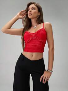 SHEIN Unity 纯色蕾丝拼布荷叶边优雅无袖吊带背心 - 紅色 - 查看 6