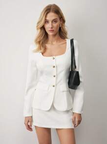 BizChic Conjunto informal de traje blanco para mujer, conformado por blazer y falda (2 piezas), atuendo blanco, traje de oficina para mujer, atuendo para Navidad