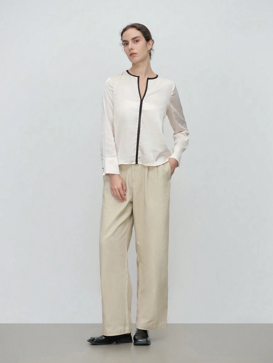 SHEIN LUNE Elegant Beige Loose Fit Regular Woven Long Sleeve Women Shirt Fall Cloth For Women - Apricot - View 1