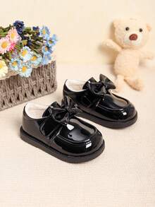 1 双儿童女童可爱蝴蝶结牛津鞋，秋冬 - 黑色 - 查看 6